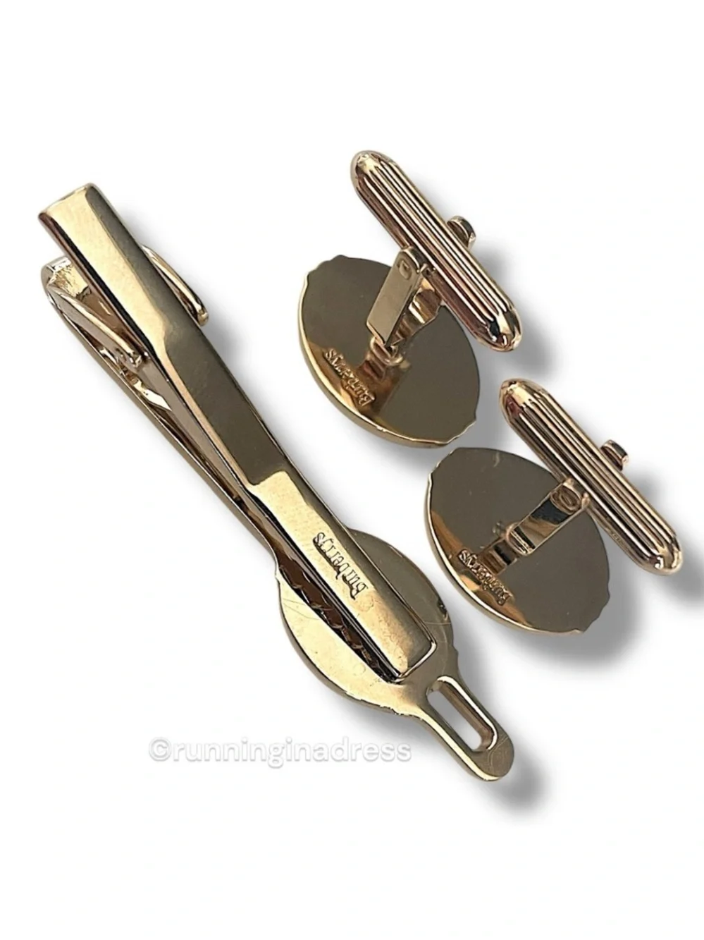 VTG Burberrys Gold Purple Nova Check Equestrian Knight Enamel Cufflink Bar Set